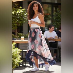 EUC Disney D-Signed Girls High Low Midi Skirt Navy Stripe Pink Flowers - Size L